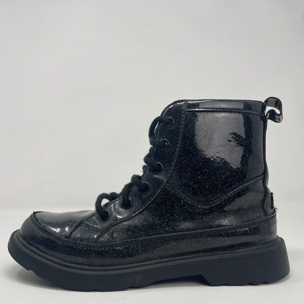 UGG Robley‎ Glitter Boot Black Lace Up Zip Winter Kids 4 Youth Patent Leather